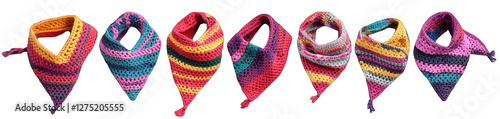 set of crocheted dog bandanas triangular shape button or tie closure stripes or paw print motifs isolated on transparent background