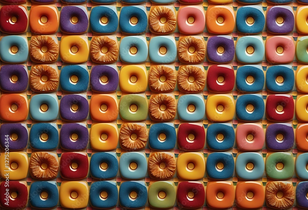 Fototapeta premium Whimsical Rainbow Donuts, A Playful Pattern of Glazed Delights and Textured Treats
