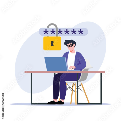 Illustration of a man using a laptop with an unlocked password, signifying data security issues Consider using it for cybersecurity or data protection concepts.