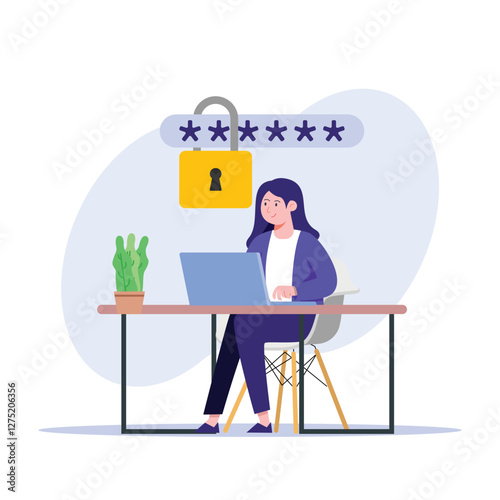 A woman types on a laptop with a password and unlocked lock above her; great for demonstrating online security topics.