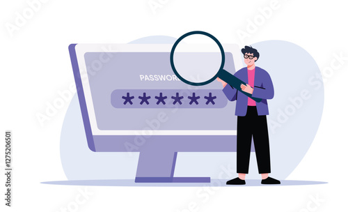 Man inspects computer screen showing password field with magnifier, illustrating security concerns and data protection Perfect for security awareness or cybersecurity promotion.