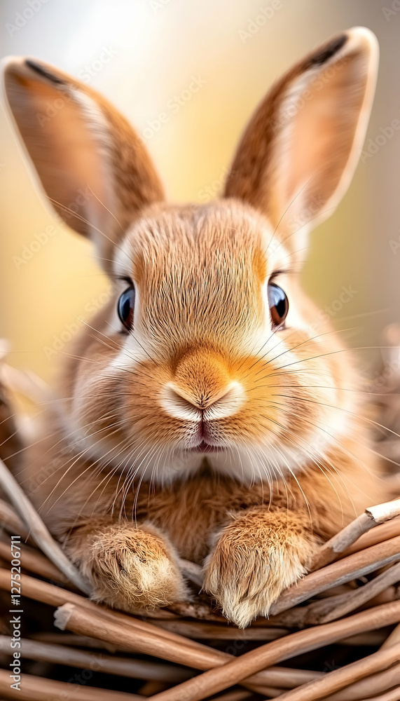 Obraz premium Cute bunny in wicker basket, spring background, Easter