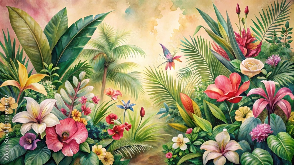 Fototapeta premium Lush Tropical Paradise Vibrant Blooms, Palm Trees, and Butterfly Wings in a Serene Garden Setting
