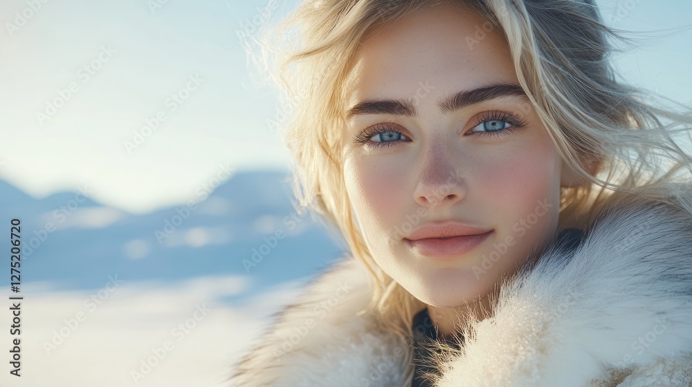 Blonde woman winter mountains portrait, snowy landscape, beauty ad Blonde woman winter mountains portrait, snowy landscape, beauty ad