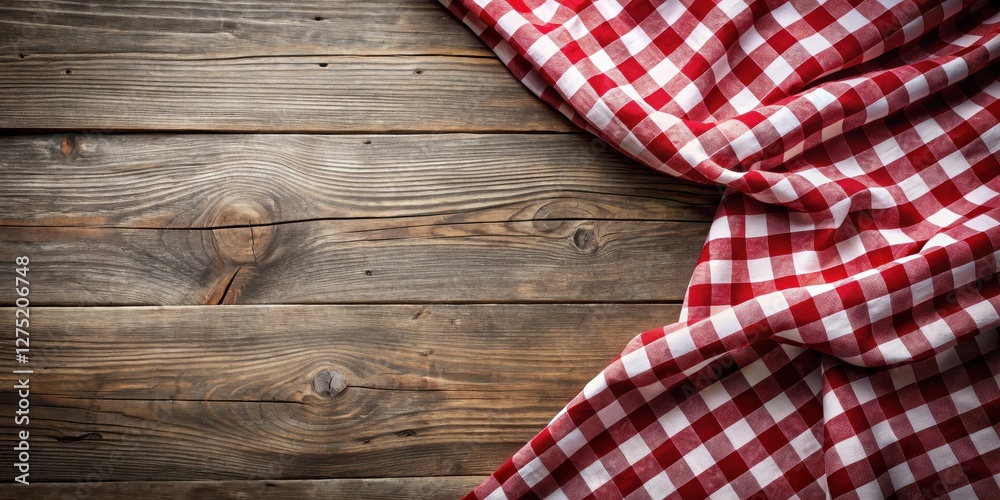 Rustic Wooden Tabletop Draped with Red and White Checkered Cloth, Ideal for Displaying Food or Products Rustic Wooden Tabletop Draped with Red and White Checkered Cloth, Ideal for Displaying Food or Products