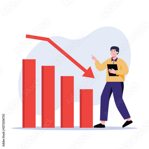 A man analyzes a descending bar graph, representing business decline, and holds report Perfect for illustrating financial struggles and market analysis.