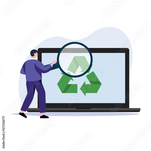 Man inspects a green recycling symbol displayed on a laptop with a magnifier symbolizing environmental awareness and digital sustainability.