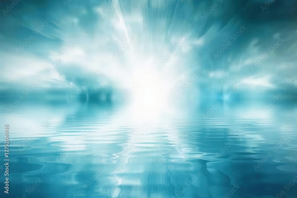 Light shines on water, reflecting a bright sky, for tranquility, meditation, or dream concepts Light shines on water, reflecting a bright sky, for tranquility, meditation, or dream concepts
