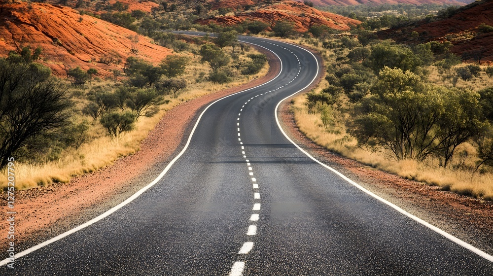 Winding Desert Highway Through Rugged Australian Outback Landscape Winding Desert Highway Through Rugged Australian Outback Landscape