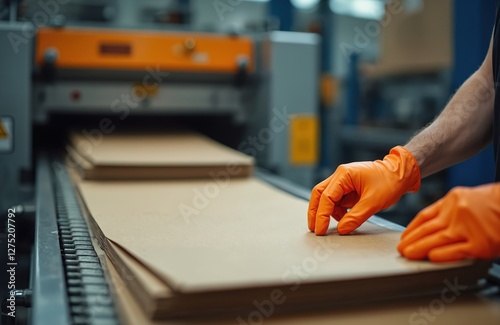 Worker in orange gloves puts cardboard sheets into machine for cardboard box production line. Automated manufacturing of corrugated carton containers at modern enterprise.