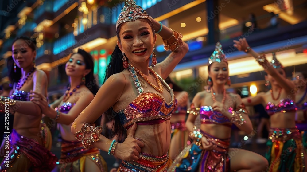 A group of go-go dancers in matching Thai-themed outfits, performing synchronized routines on a nightclub stage A group of go-go dancers in matching Thai-themed outfits, performing synchronized routines on a nightclub stage