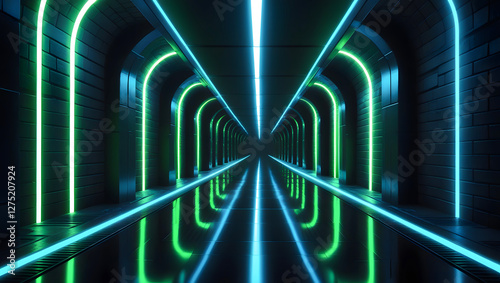 Sci Fi Futuristic Studio Stage Dark Room Underground Warehouse Garage Neon Led Laser Glowing purple On Concrete Tiled Floor Reflective Cyber 3D Rendering Illustration