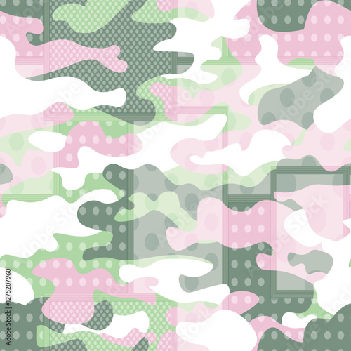 camouflages seamless pattern on polka dot background