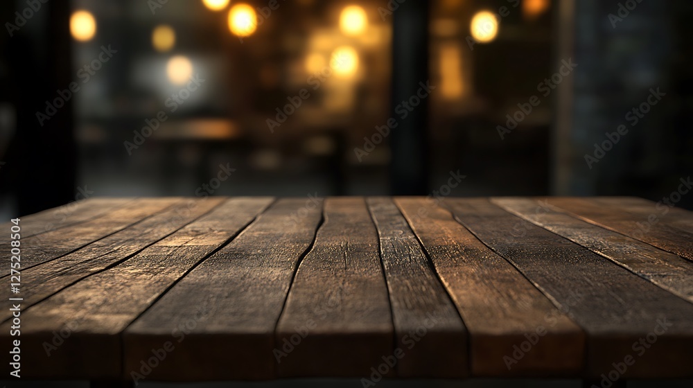 Dark wooden table in front of blurred cafe lights. Dark wooden table in front of blurred cafe lights.