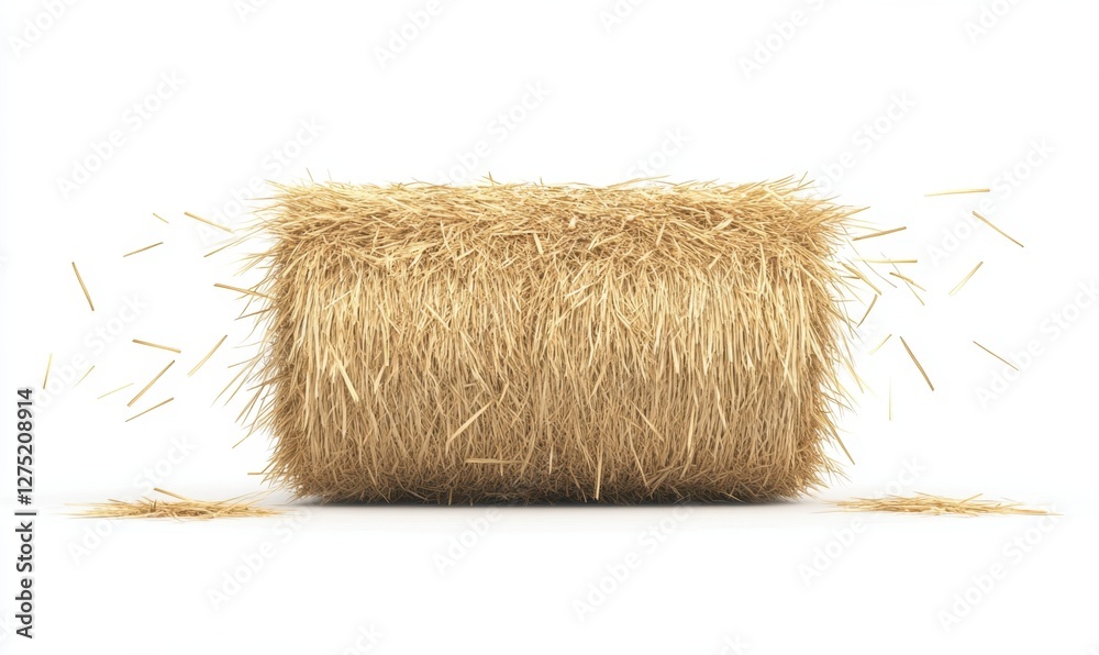 Fototapeta premium A cylindrical hay bale on a white background, with straw pieces scattered around it, symbolizing harvest