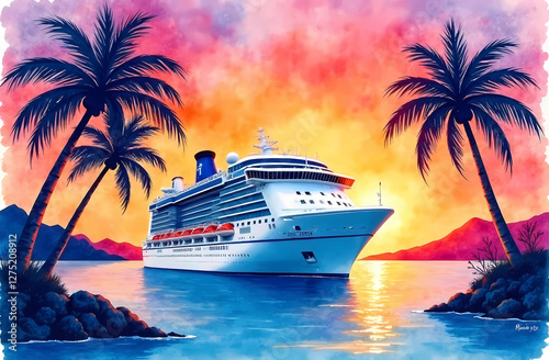 Watercolor cruise ship in the sea with palm trees on the sunset background
