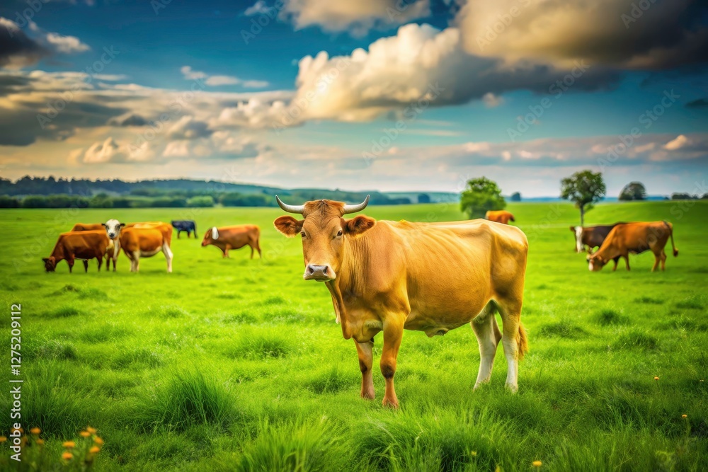 Minimalist ranch scene: vibrant cows dot a green field. Minimalist ranch scene: vibrant cows dot a green field.