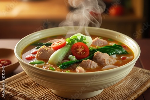 A hot bowl of sinigang with pork, veggies, and tangy tamarind broth.