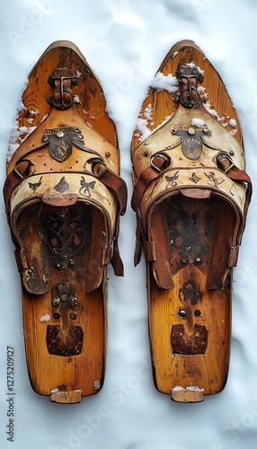 Antique snowshoes on snowy ground photo