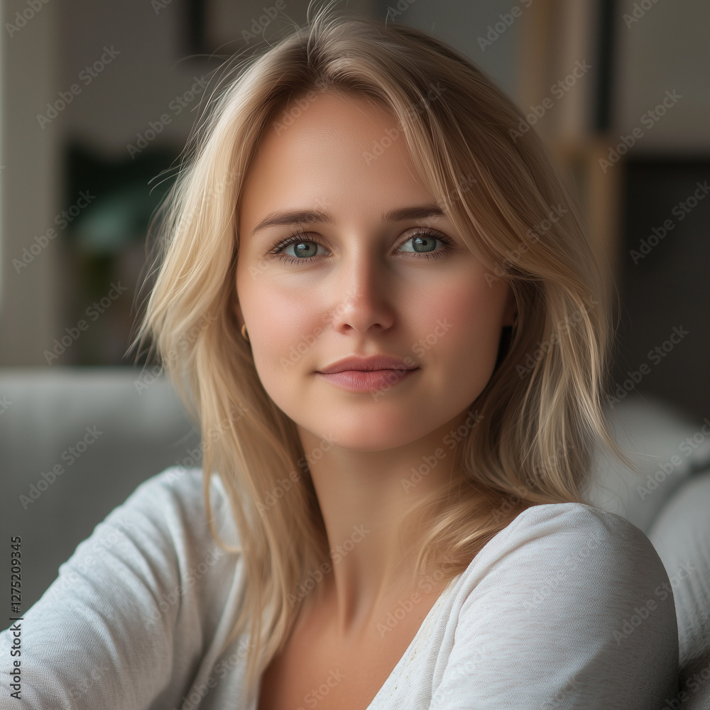 Relaxed Blonde Woman Portrait: Confident Headshot in Cozy, Minimalist Home Setting Relaxed Blonde Woman Portrait: Confident Headshot in Cozy, Minimalist Home Setting