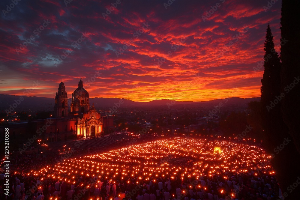 Naklejka premium Crowd holding candles celebrating religious event in front of illuminated church at sunset in Cholula, Puebla, Mexico