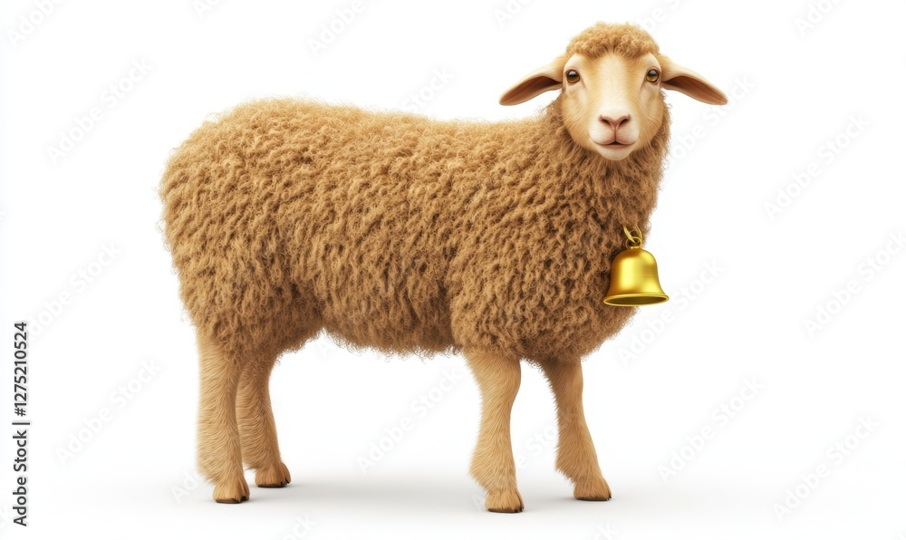 A fluffy sheep with a golden bell stands proudly against a plain white background, symbolizing farm life A fluffy sheep with a golden bell stands proudly against a plain white background, symbolizing farm life