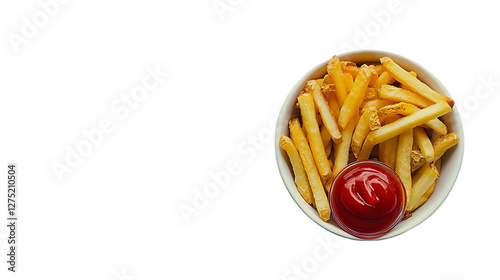 French fries in a bowl with ketchup, overhead shot photo