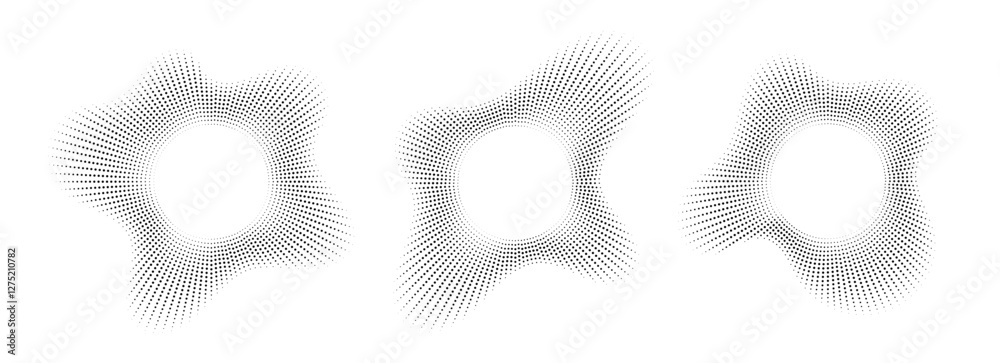 Sound wave, circular equalizer icons, round music soundwave shape, concentric energy burst. Vector illustration.