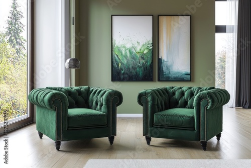 Trendy emerald living room, velor chairs, space for art.