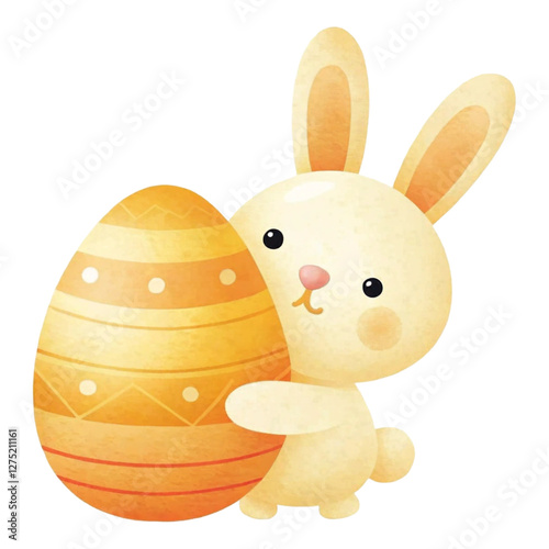 cute digital illustration of white bunny holding decorated orange egg, evoking joyful and festive atmosphere. Perfect for Easter themes and celebrations