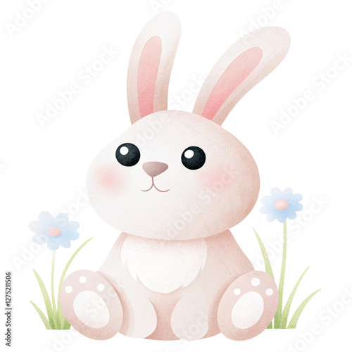 Cute bunny sitting in grass with flowers, featuring soft colors and friendly expression. This adorable rabbit illustration is perfect for spring themes