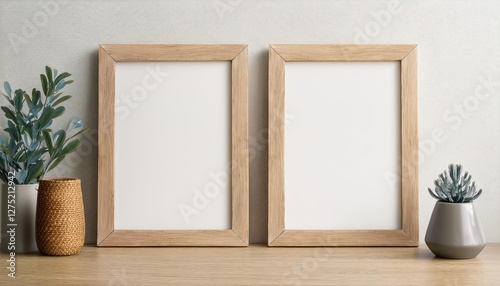 3D Illustration of Two Minimalist Wood Frames Showcasing a Design, Artistic Elegance and Simplicity in a NatureInspired Setting, Perfect for Modern Home Decor or Digital Art