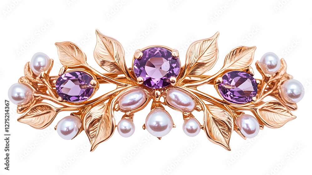 Fototapeta premium Elegant gold amethyst pearl hair clip isolated