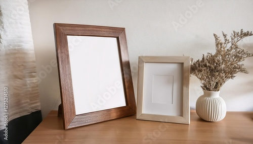 Empty Wooden Photo Frame in Apartment Interior A Nostalgic Moment Frozen in Time, Embracing Warmth and Simplicity Amidst a ClutterFree Setting