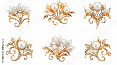 Elegant pearl and gold flower brooches