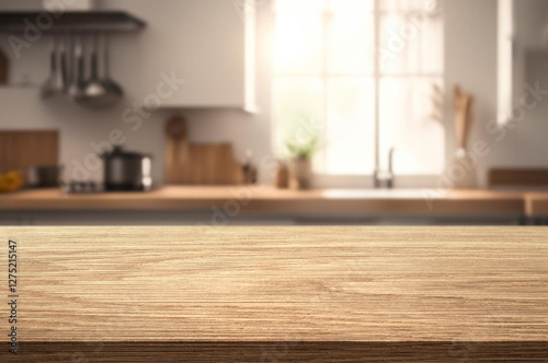 Wooden table top with copy space on blurred kitchen room interior background