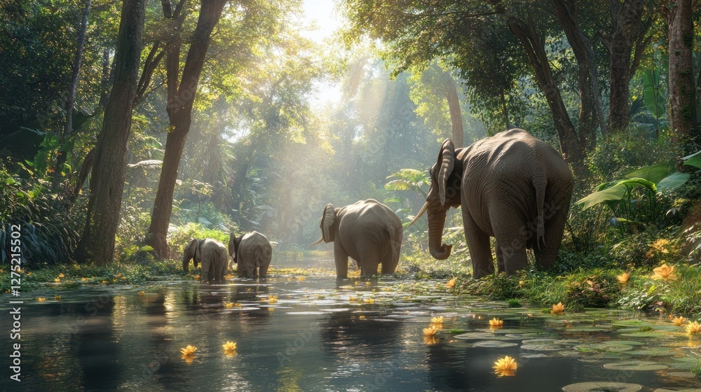 Fototapeta premium Majestic Elephants in Tranquil Jungle River
