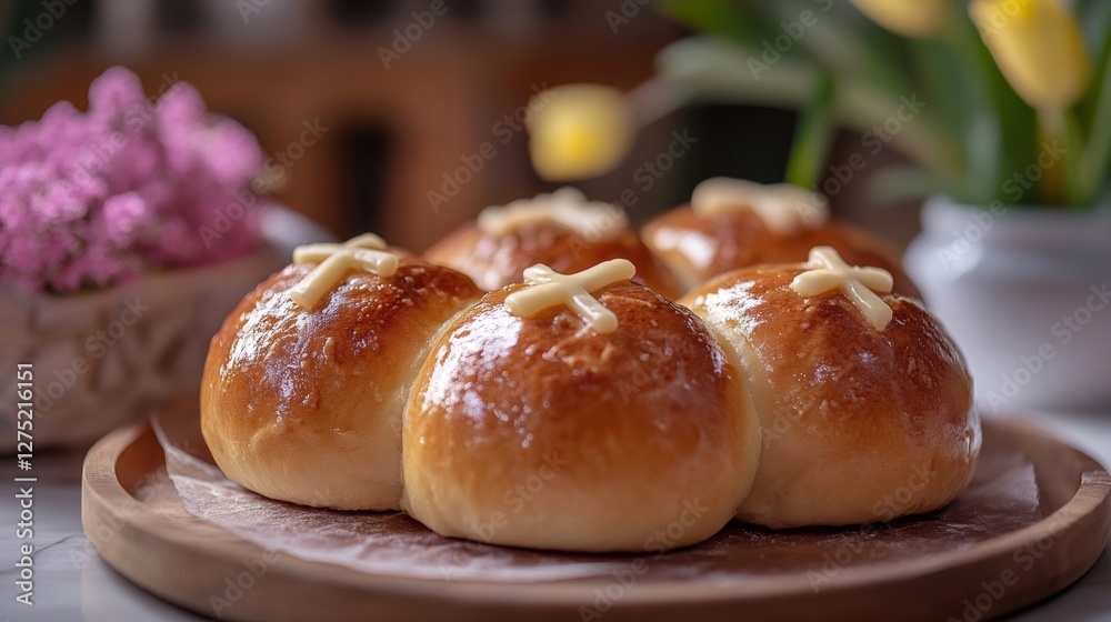 Freshly baked hot cross buns resting on a wooden tray during easter celebrations Freshly baked hot cross buns resting on a wooden tray during easter celebrations