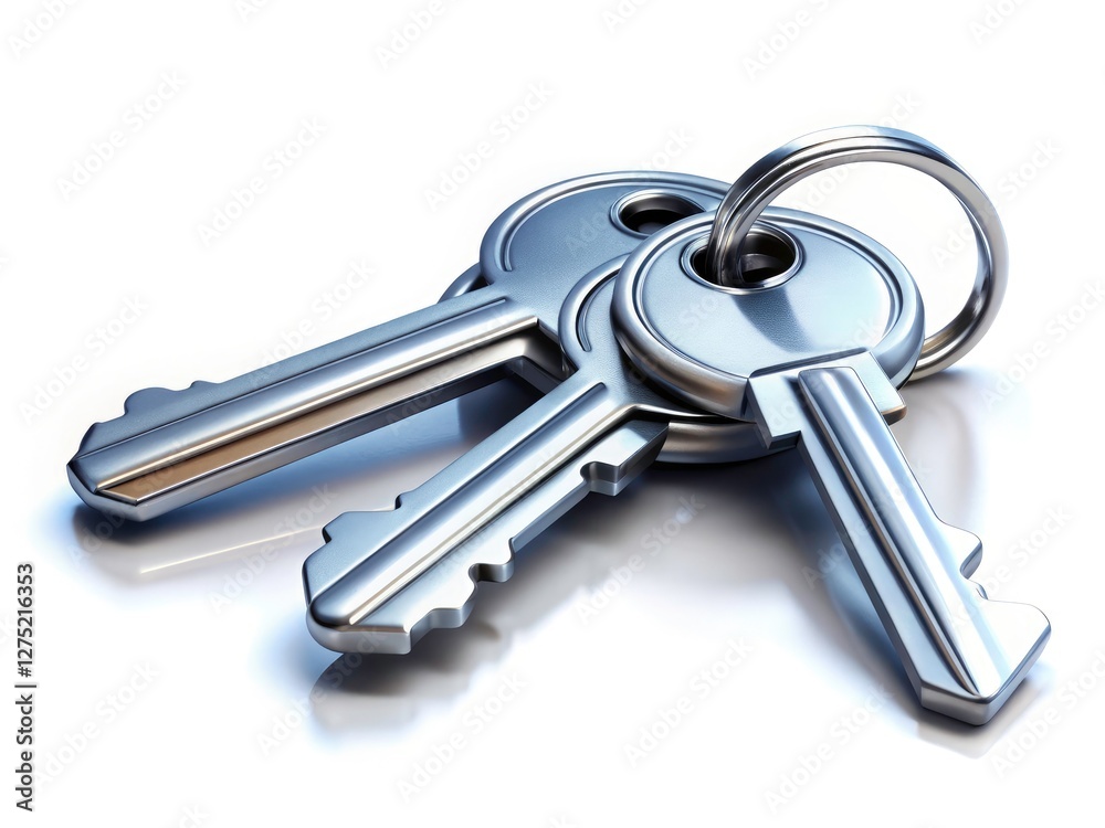 Three silver house keys on a silver keyring, isolated on a clean white background. Three silver house keys on a silver keyring, isolated on a clean white background.