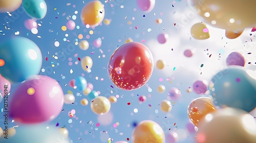 Colorful Balloons and Confetti Falling Against a Bright Blue Sky