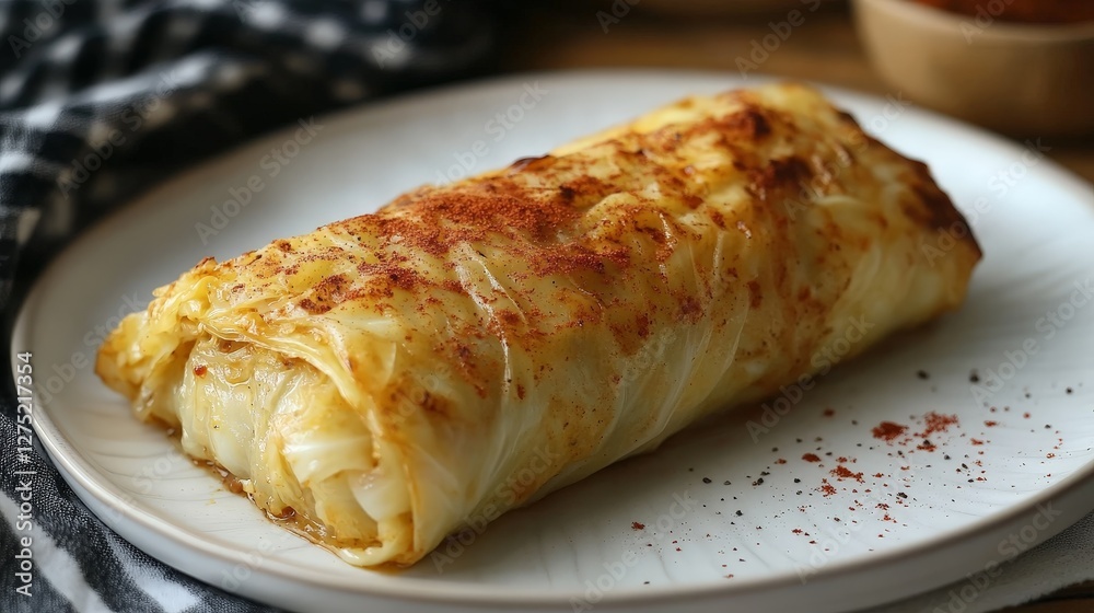 A rolled cabbage dish seasoned with spices, served on a plate. A rolled cabbage dish seasoned with spices, served on a plate.