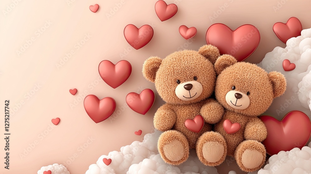Romantic Valentine's Day template with floating hearts and cute teddy bears Romantic Valentine's Day template with floating hearts and cute teddy bears