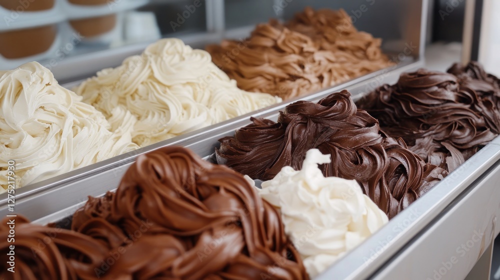 Delicious Creamy Ice Cream Display: A Tempting Selection of Chocolate and Vanilla Flavors Delicious Creamy Ice Cream Display: A Tempting Selection of Chocolate and Vanilla Flavors