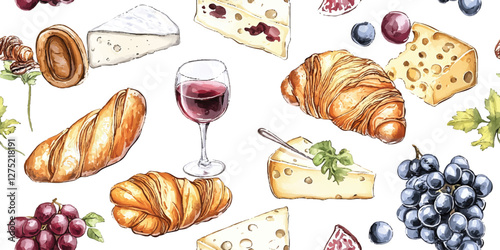 Watercolor Seamless Pattern Wine, Cheese, Grape bread baguette, croissant for greetings, invitations, manufacture wrapping paper, textile and web design