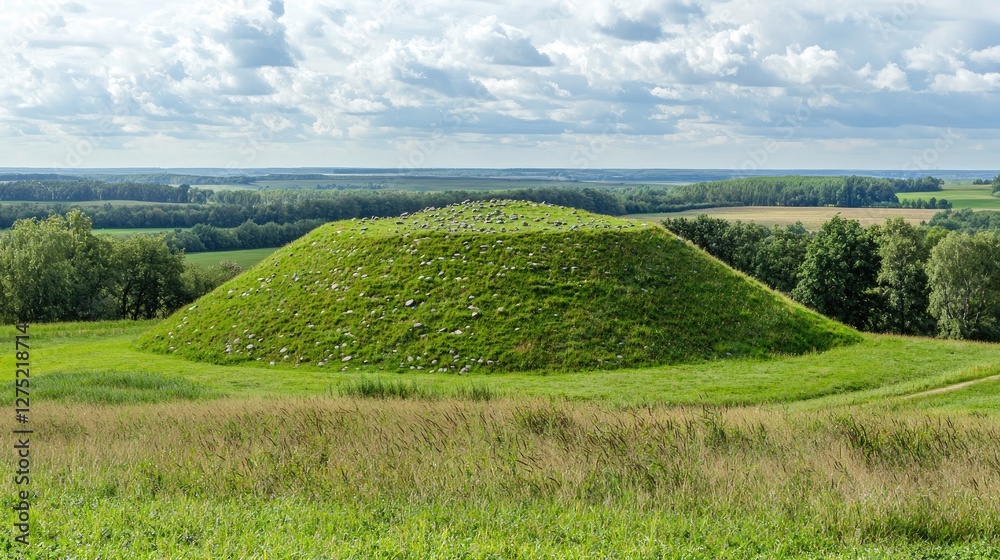 Ancient burial mound surrounded by lush green landscape and clouds Ancient burial mound surrounded by lush green landscape and clouds