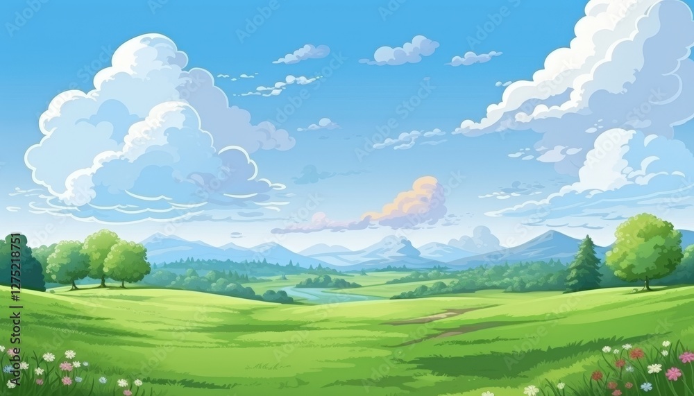 Fototapeta premium Lush green field with rolling hills, clouds and mountains background. Landscape illustration for web use