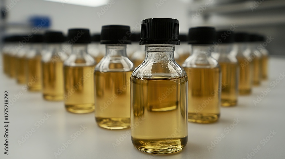 Amber Liquid in Glass Bottles Scientific Research Lab Samples Amber Liquid in Glass Bottles Scientific Research Lab Samples