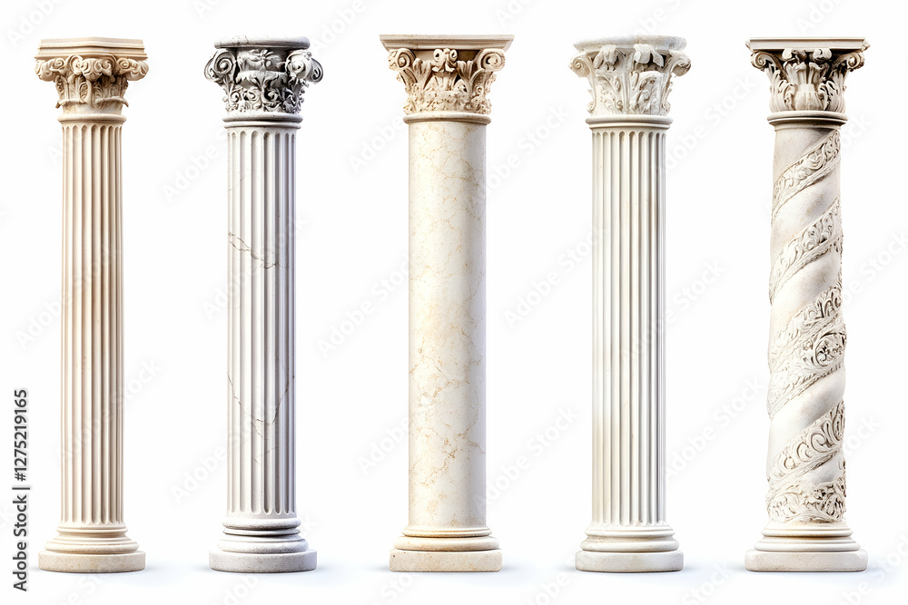 Five Classical Columns, Architectural Design, White Background, Design Elements Five Classical Columns, Architectural Design, White Background, Design Elements