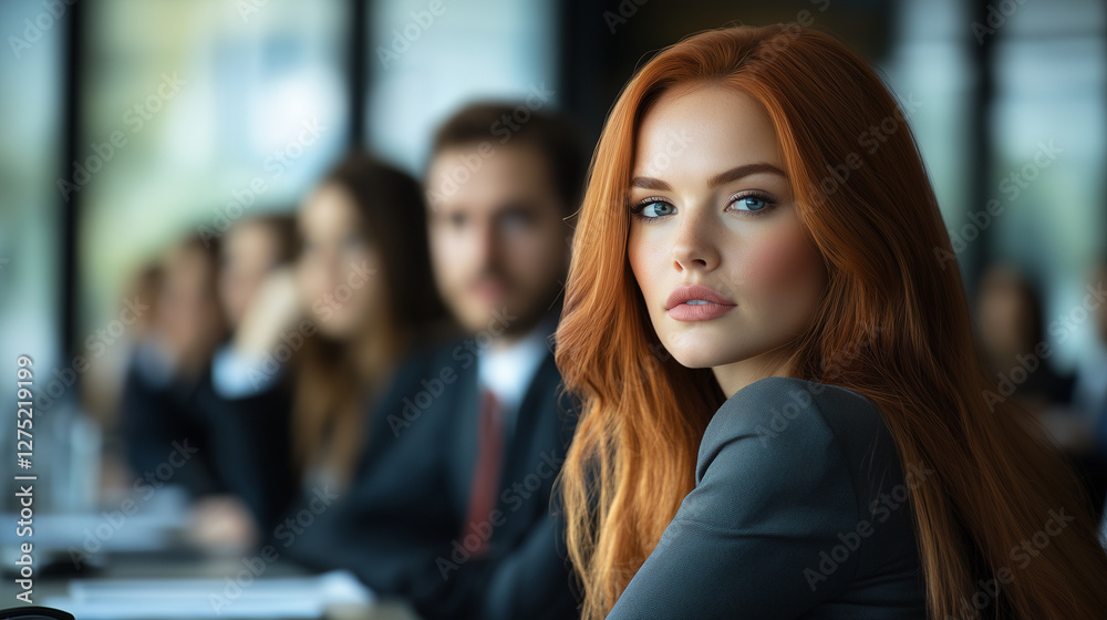 Fototapeta premium Inspirational redheaded professional woman in a sleek suit, commanding attention during a corporate meeting in a contemporary office with her team in the background