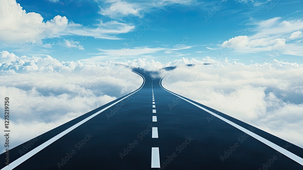 Fototapeta premium Serene Road Winding Through Bright Clouds Under Blue Sky
